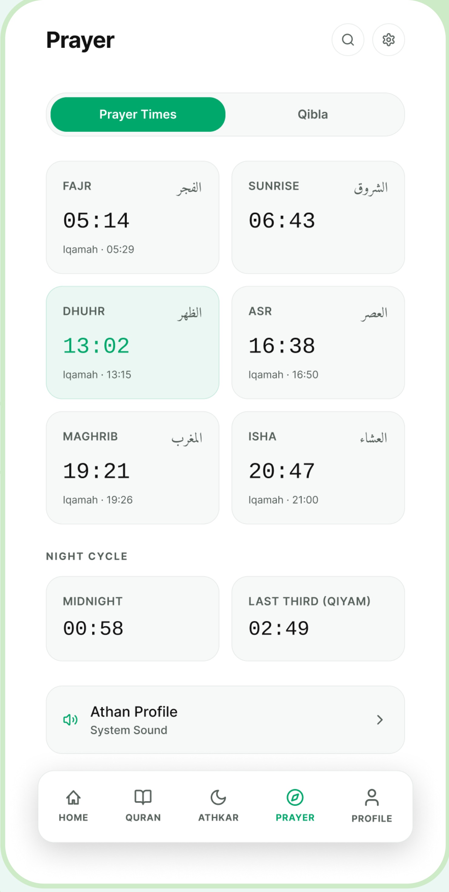 Prayer times screen showing the daily schedule and next prayer